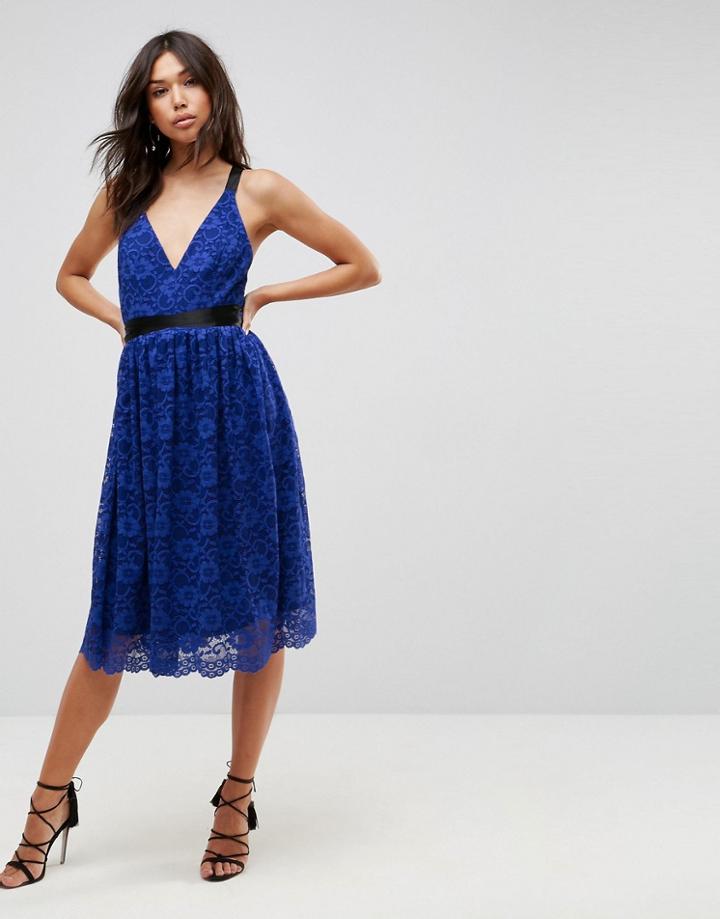 Asos Lace Prom Midi Dress With Ribbon Ties - Blue