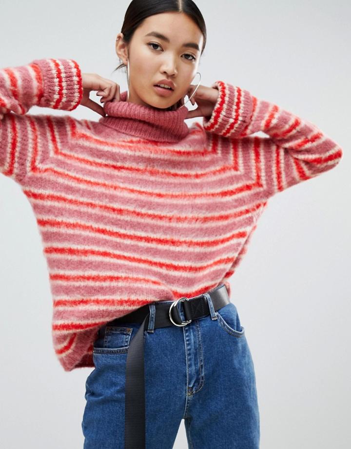 Na-kd Roll Neck Flare Sleeve Sweater In Pink Stripe - Multi