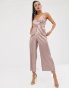Asos Design Twist Knot Front Strappy Satin Jumpsuit-pink