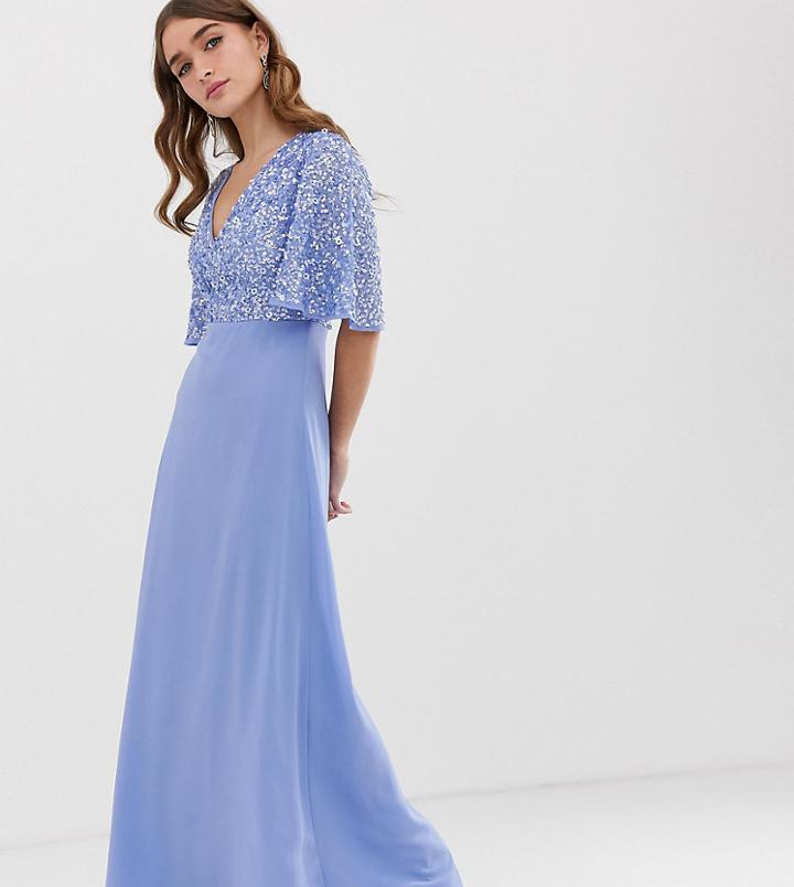 Maya Petite Sequin Top Maxi Dress With Flutter Sleeve Detail In Bluebell - Blue