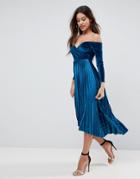 Asos Velvet Wrap Bardot Pleated Midi Dress - Blue