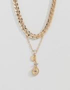 Asos Design Multirow Necklace With Vintage Style Cluster Charms In Gold - Gold
