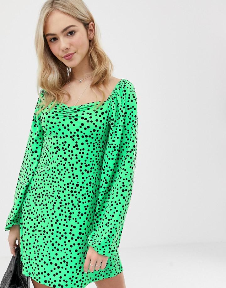 Asos Design Mini Dress With Sweetheart Neck In Green Spot - Multi