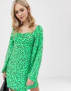 Asos Design Mini Dress With Sweetheart Neck In Green Spot - Multi