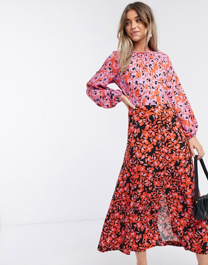 Closet London Long Sleeve Split Midi Dress In Lilac Floral-multi