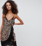 Kiss The Sky Wrap Cami Dress With Fringe Hem In Leopard - Multi