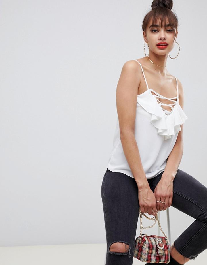 Asos Design Lattice Front Cami With Frill Detail - White