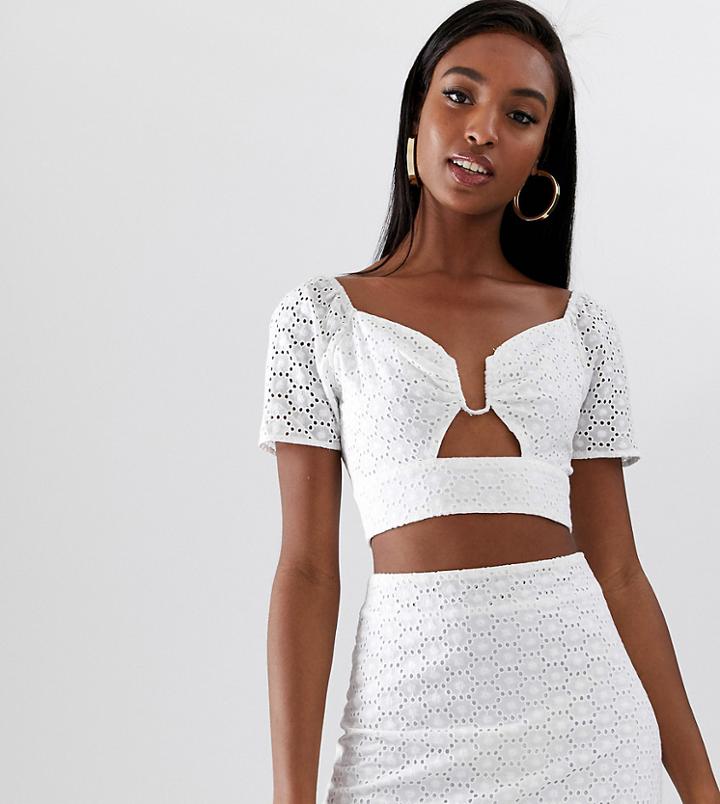 Fashion Union Tall Ring Front Crop Top In Broderie Two-piece - White