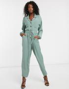 Asos Design Slouchy Button Front Utility Jumpsuit-green