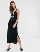 Asos Design Eyelet Detail Cami Maxi Dress In Linen - Black