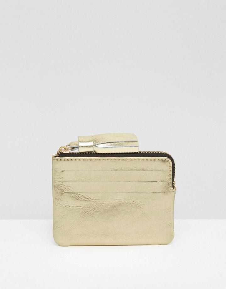 Asos Metallic Leather Coin Purse With Tassel - Gold