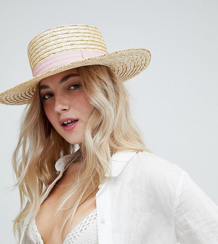South Beach Straw Boater Hat With Blush Ribbon - Beige