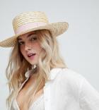 South Beach Straw Boater Hat With Blush Ribbon - Beige