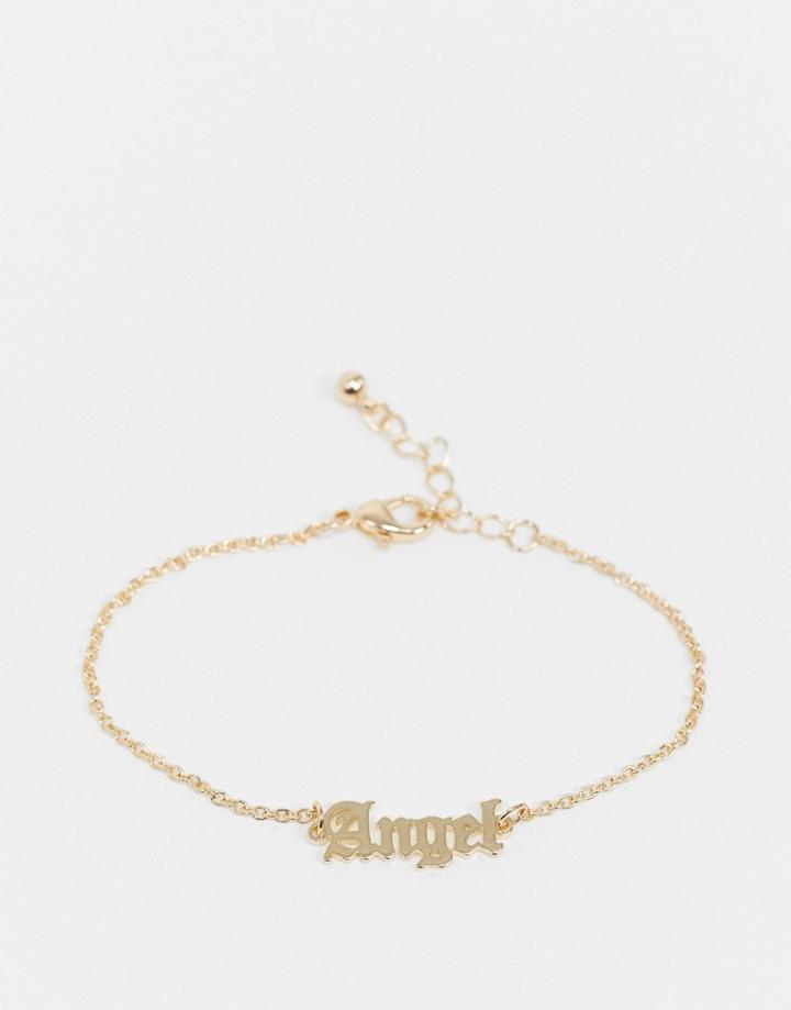 Asos Design Chain Bracelet With Angel Gothic Font In Gold Tone