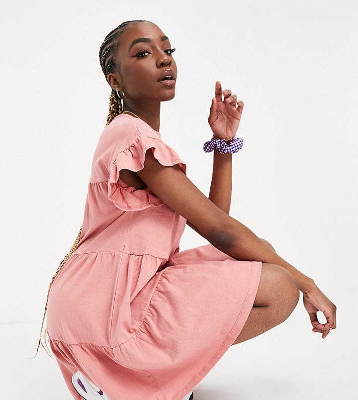 Asos Design Tall Frill Sleeve Tiered Smock Dress In Rose-pink