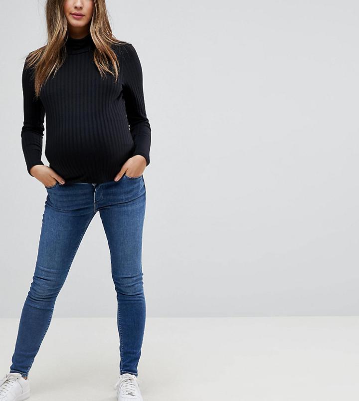 Asos Maternity Ridley Skinny Jeans In Roy Wash With Over The Bump Waistband - Blue