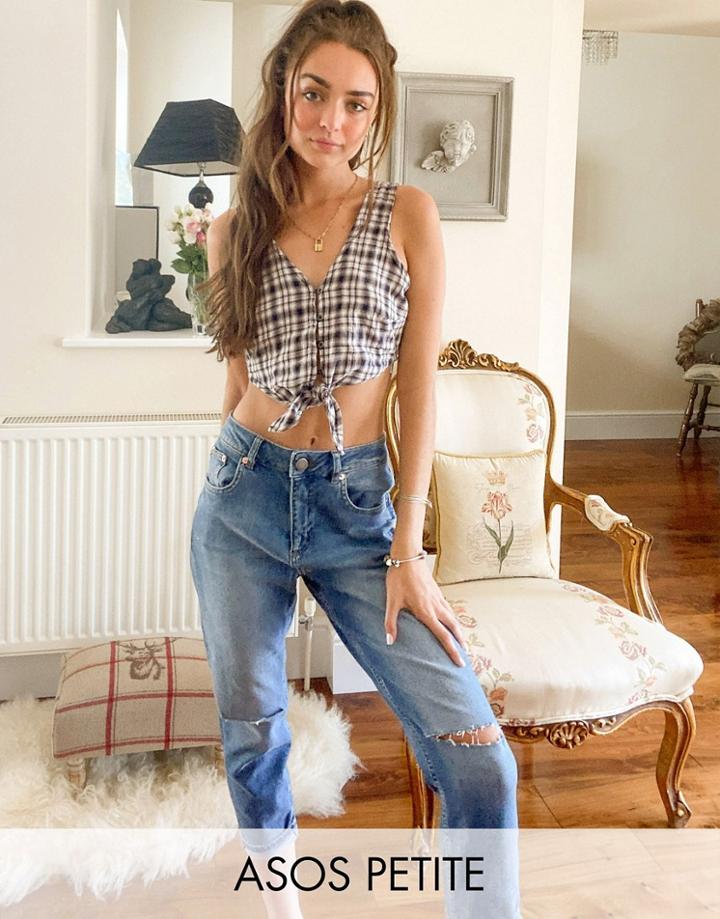 Asos Design Petite Hourglass High Rise Farleigh 'slim' Mom Jeans In Midwash With Rips-blues