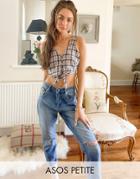 Asos Design Petite Hourglass High Rise Farleigh 'slim' Mom Jeans In Midwash With Rips-blues