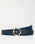 Asos Design Faux Leather Skinny Belt In Navy With Gold Circle Buckle - Navy
