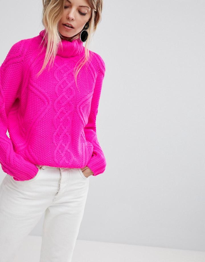 Oasis Chunky Cable Knit Roll Neck Sweater - Pink