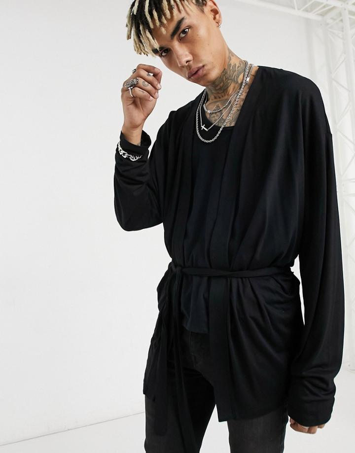 Asos Design Oversized Long Sleeve Wrap Kimono With Belt Detail In Viscose In Black