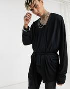 Asos Design Oversized Long Sleeve Wrap Kimono With Belt Detail In Viscose In Black