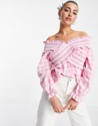 Asos Design Shirred Shoulder Long Sleeve Top In Pink Check-multi