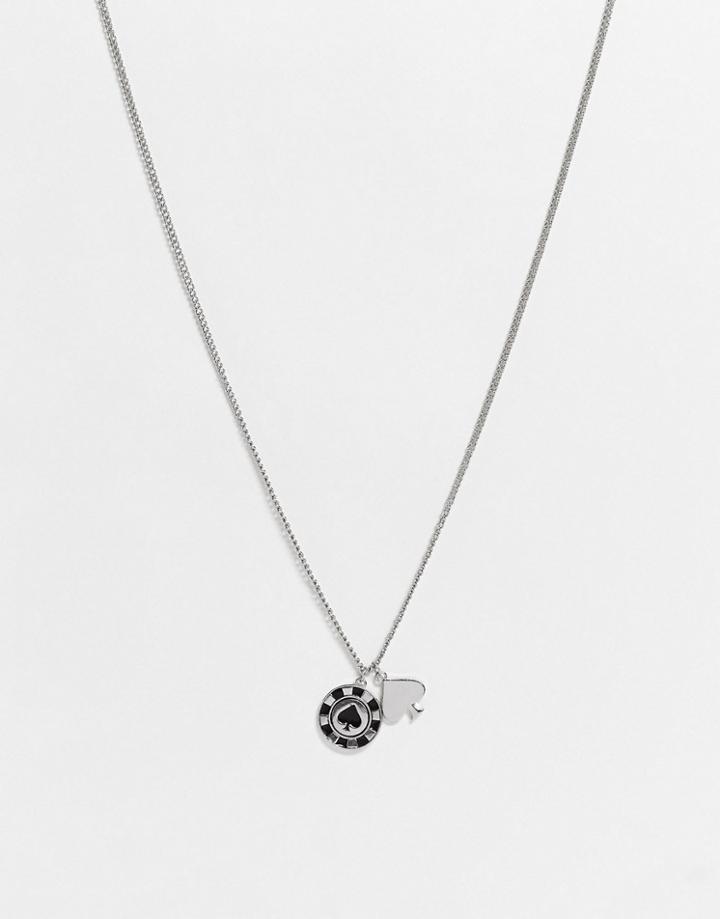 Asos Design Necklace With Poker Chip And Spade Pendant In Silver Tone