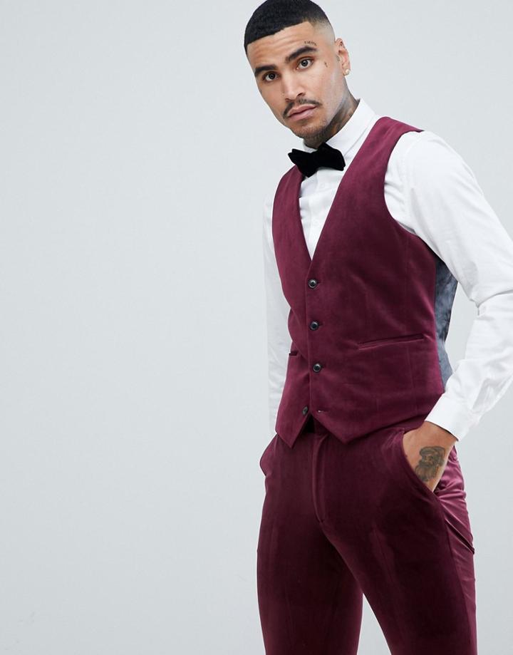Asos Design Super Skinny Prom Suit Vest In Burgundy Velvet-red