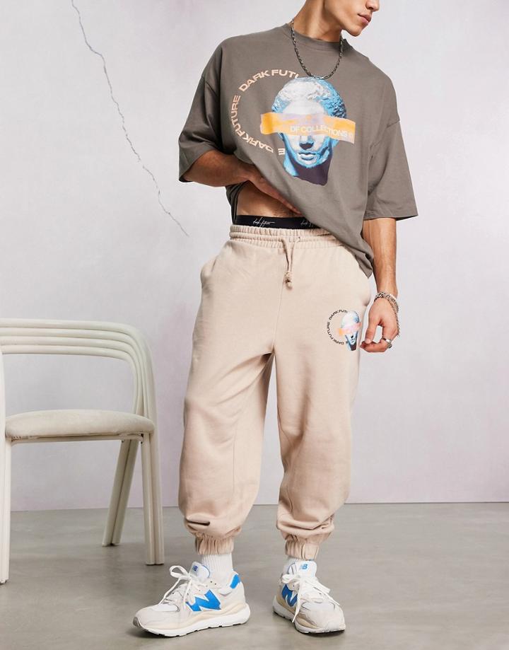 Asos Dark Future Oversized Sweatpants With Graphic Print And Logo In Beige-neutral
