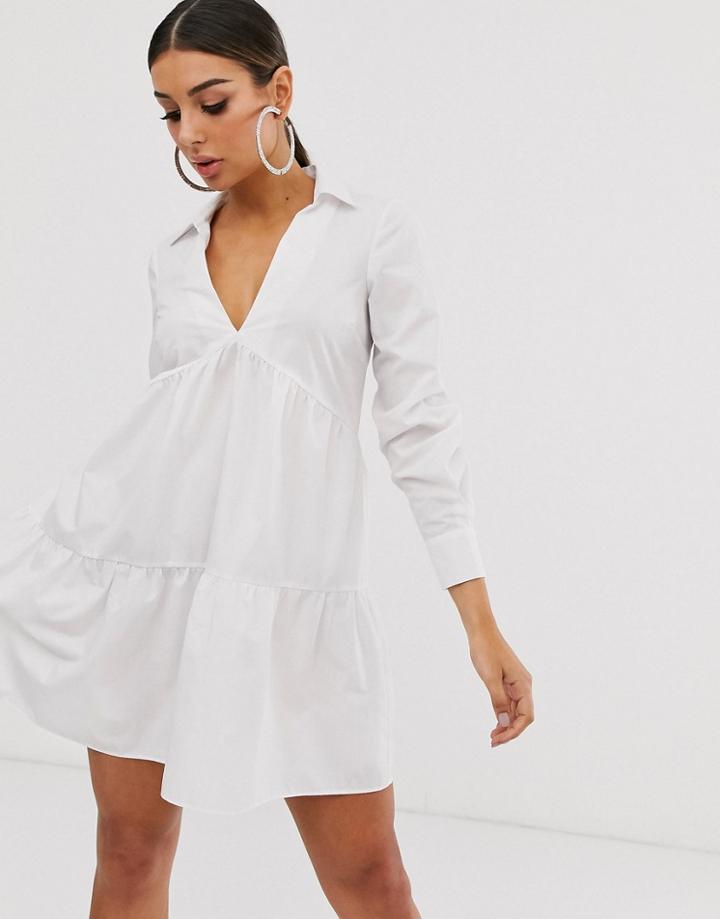 Asos Design Tiered Collared Cotton Smock Mini Dress With Long Sleeves - White