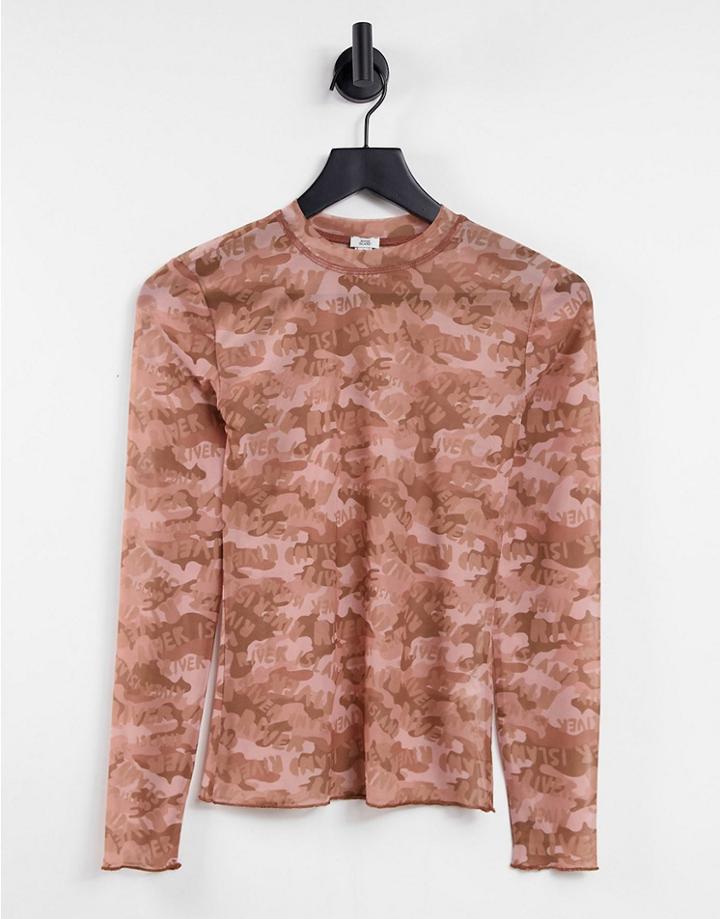 River Island Printed Mesh Long Sleeved T-shirt In Brown