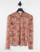 River Island Printed Mesh Long Sleeved T-shirt In Brown