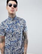 Pretty Green Slim Fit Patent Paisley Short Sleeve Shirt In Navy - Navy