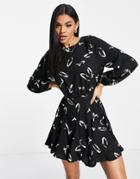Ax Paris Satin Mini Dress With Long Sleeves In Black Abstract