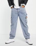 Liquor N Poker Wide Fit Denim Jeans With Cargo Pockets In Lightwash Blue-blues