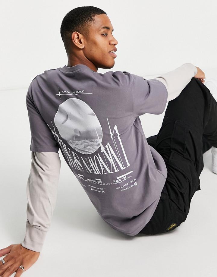 Jack & Jones Originals Oversized Layered Long Sleeve T-shirt With Back Print In Gray-grey