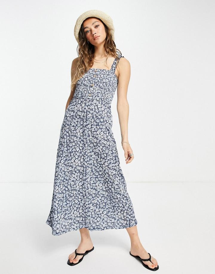 Only Jersey Sundress With Ruched Strap Detail In Blue Floral-navy