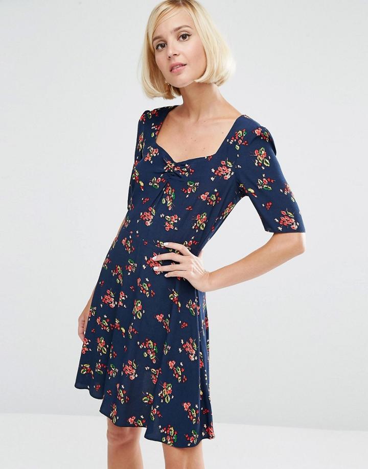 Asos 3/4 Sleeve Tea Dress With Sweetheart Neckline In Floral Print - Multi