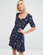 Asos 3/4 Sleeve Tea Dress With Sweetheart Neckline In Floral Print - Multi