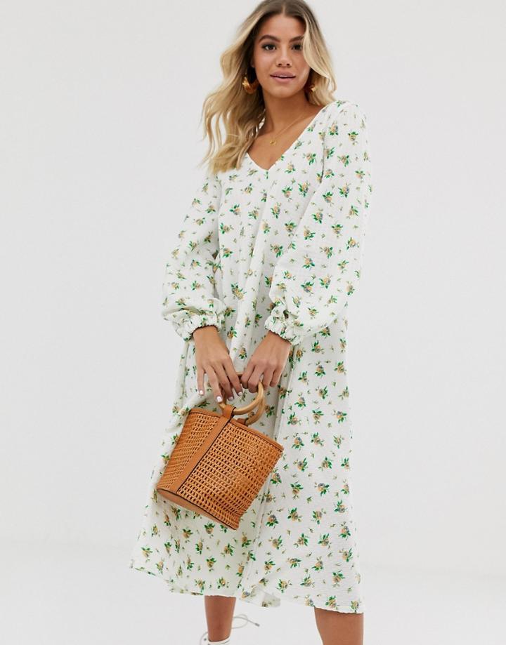 Asos Design Textured Midi V Neck Swing Dress In Floral Print - Multi