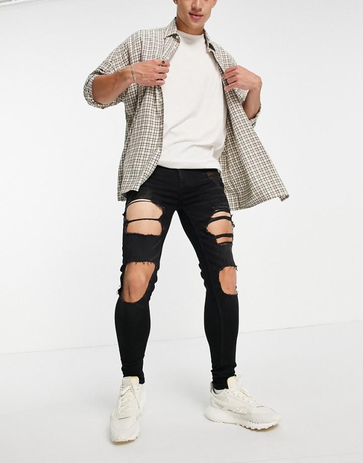 Asos Design Spray On Jeans With Power Stretch In Gray With Heavy Rips-black