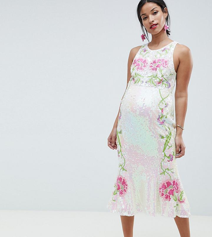 Asos Design Maternity Iridescent Sequin Embroidered Fishtail Midi Dress - White