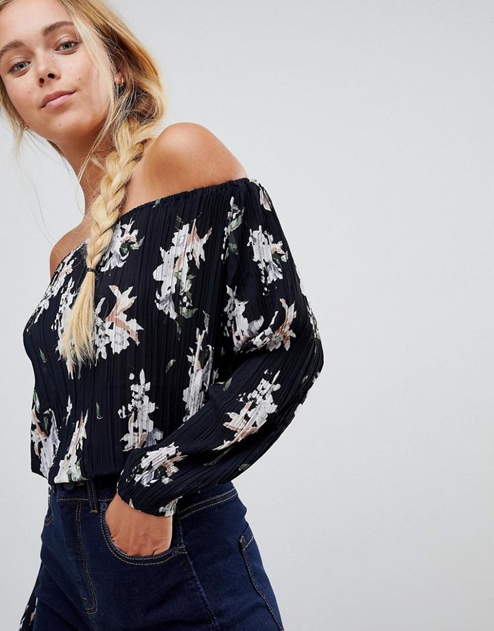 Qed London Floral Off Shoulder Top - Navy