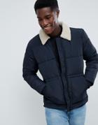 New Look Puffer Jacket With Fleece Collar In Navy - Navy