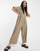 Asos Design Textured Frill Sleeve Smock Jumpsuit In Check Print-multi