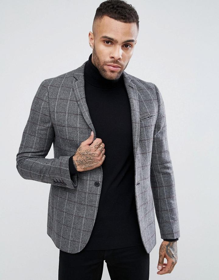 Asos Skinny Blazer In Gray & Burgundy Wool Mix Check - Gray