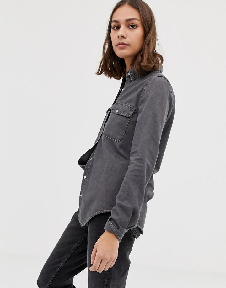 Pull & Bear Fitted Denim Shirt In Washed Black - Black
