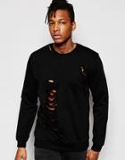 Asos Sweatshirt With Ripped And Distressing Detail In Black - Black