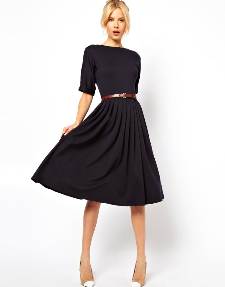 Asos Midi Dress With Full Skirt And Belt